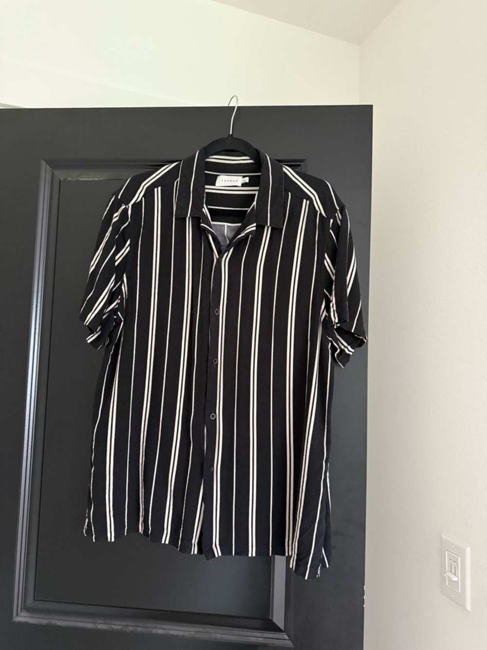 Topman Black Button-Down Short Sleeve Shirt with White Vertical Stripes
